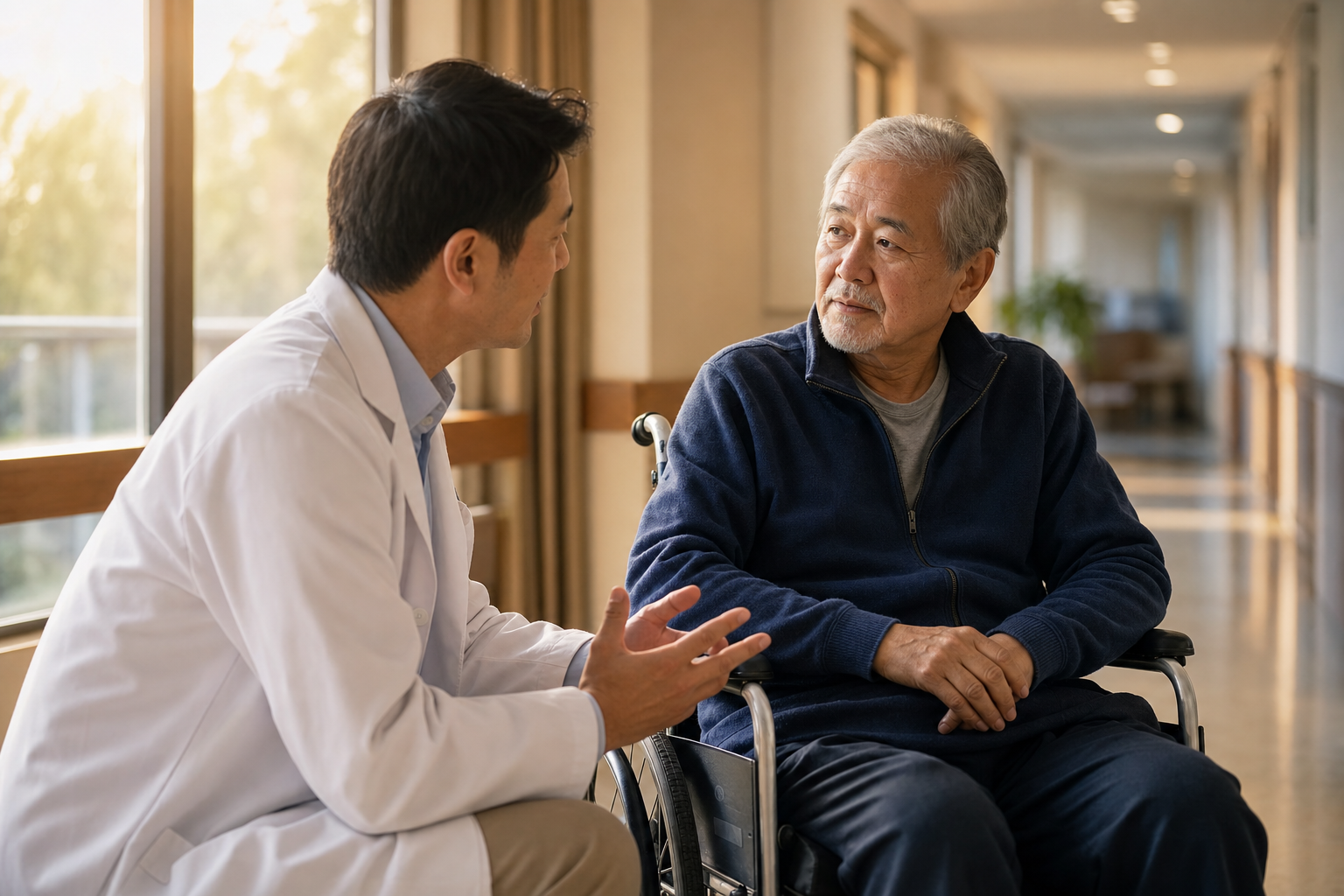 A physiatrist speaks with an older patient in a well-lit skilled nursing facility corridor