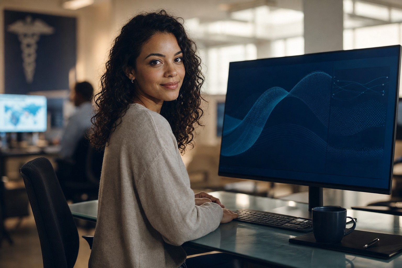 A healthcare data analyst at a workstation with a data visualization on screen