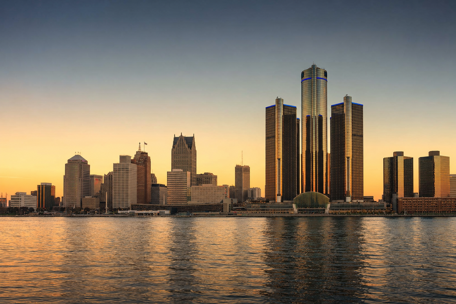 The Detroit skyline at golden hour, viewed across the Detroit River