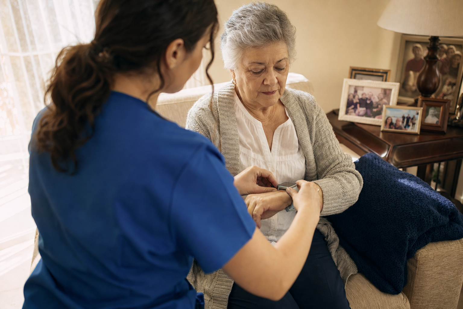 A home health nurse helps an older woman with a wrist wearable in her living room