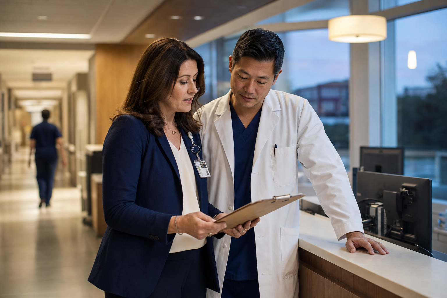 A hospital discharge planner and a hospitalist reviewing a clipboard at a nurses station