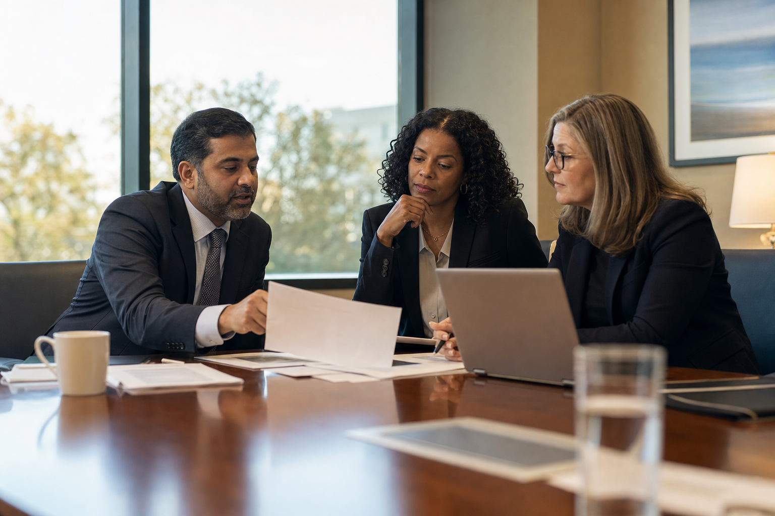 Three healthcare executives reviewing reports in a conference room