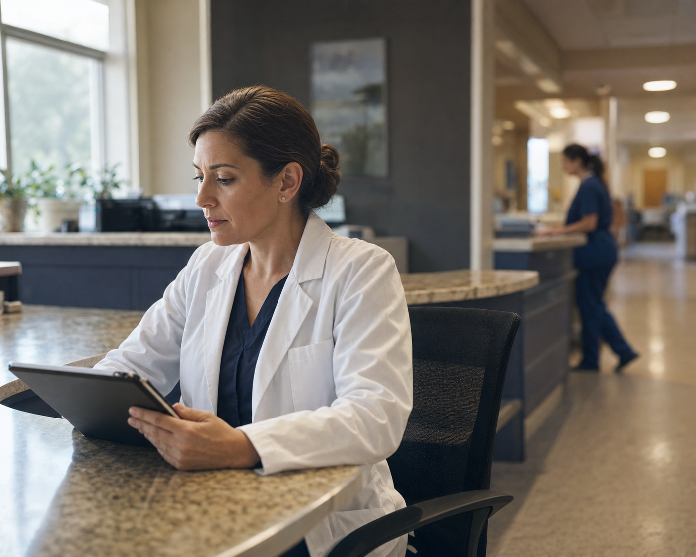 A physiatrist reviews patient charts on a tablet at a SNF nursing station