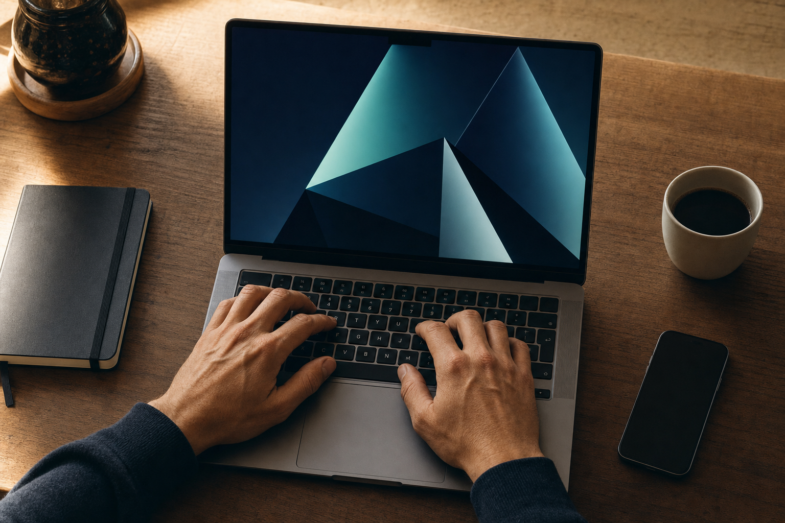 Hands typing on a laptop with an abstract navy geometric visualization on screen
