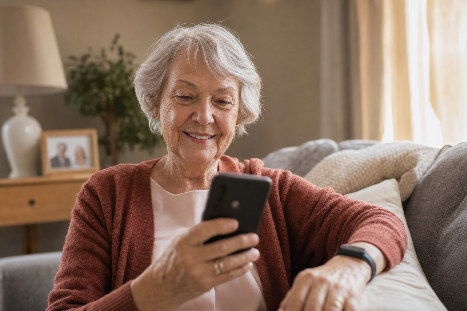 An older woman at home smiles while looking at her phone; a wearable device is on her wrist