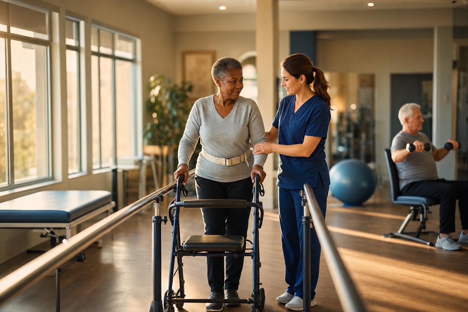 A physical therapist supports an older patient walking with a rollator in a bright SNF therapy gym